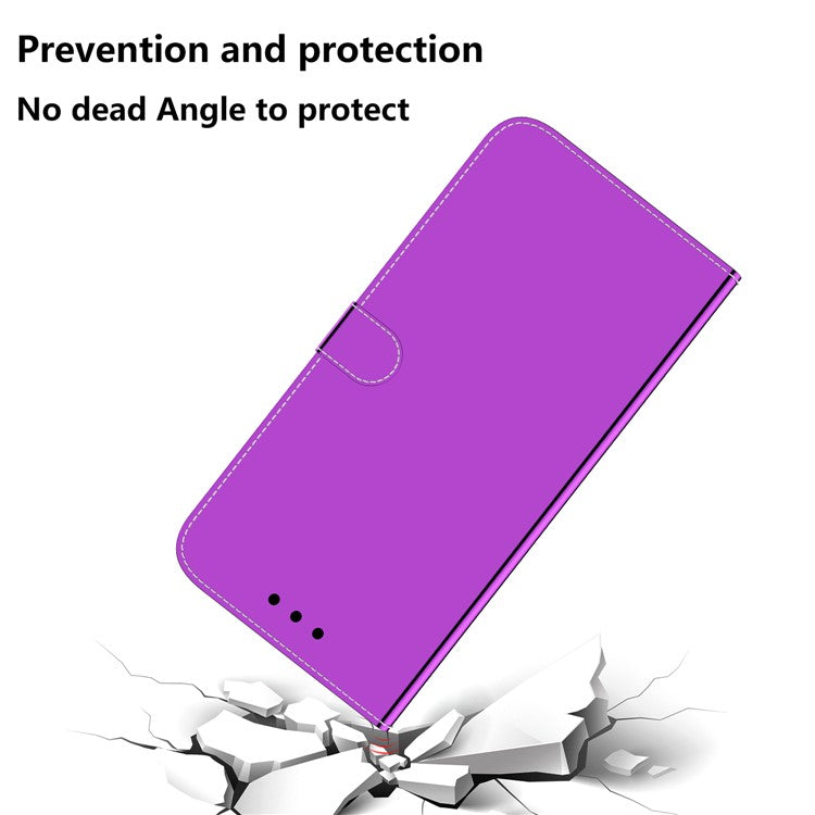 For Google Pixel 7 5G Mirror-like Case Stand Feature Soft PU Leather Wallet Flip Cover with Wrist Strap - Purple