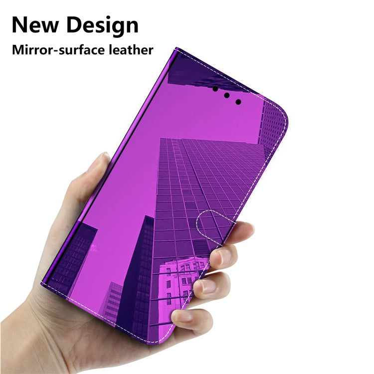 For Google Pixel 7 5G Mirror-like Case Stand Feature Soft PU Leather Wallet Flip Cover with Wrist Strap - Purple