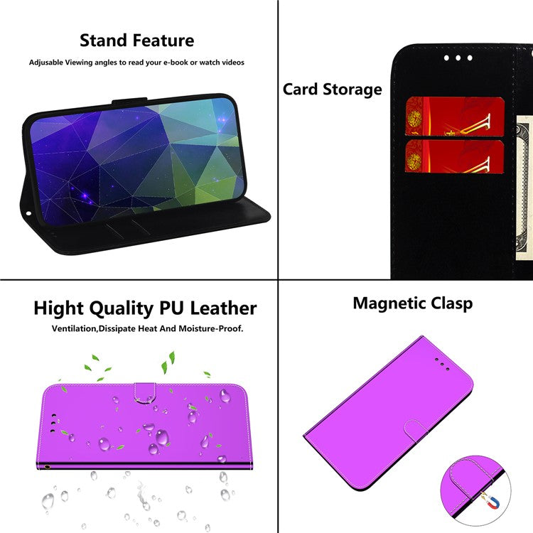 For Google Pixel 7 5G Mirror-like Case Stand Feature Soft PU Leather Wallet Flip Cover with Wrist Strap - Purple