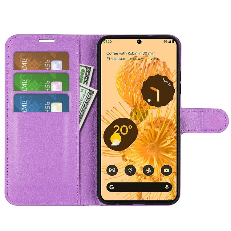 For Google Pixel 7 5G PU Leather Phone Case Wallet Stand Litchi Texture Full Protection Shell - Purple