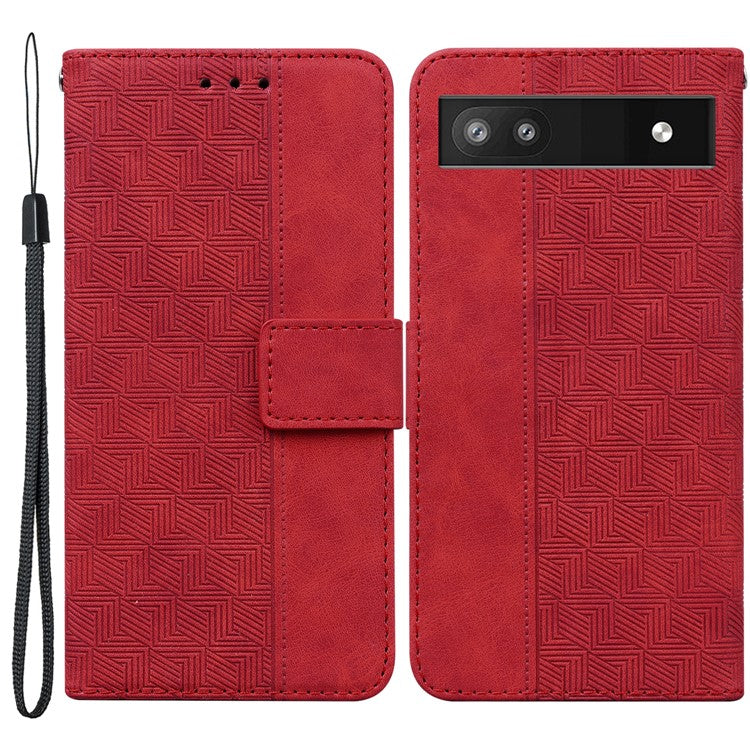 For Google Pixel 6a Geometry Imprinted Wallet Phone Case Folding Stand PU Leather Flip Cover with Strap - Red