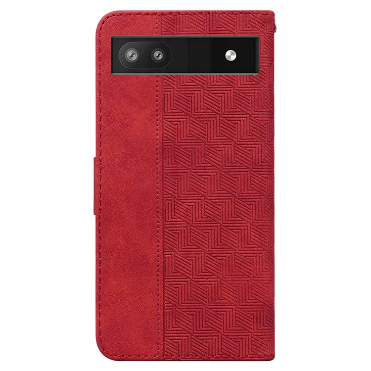 For Google Pixel 6a Geometry Imprinted Wallet Phone Case Folding Stand PU Leather Flip Cover with Strap - Red