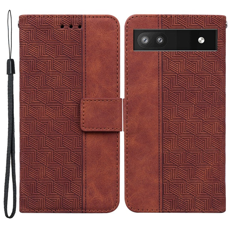 For Google Pixel 6a Geometry Imprinted Wallet Phone Case Folding Stand PU Leather Flip Cover with Strap - Brown