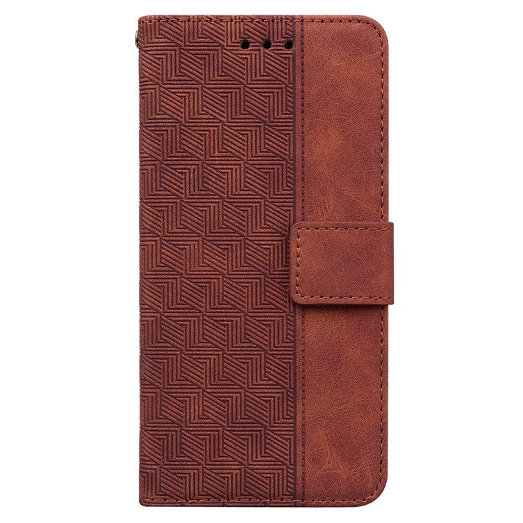 For Google Pixel 6a Geometry Imprinted Wallet Phone Case Folding Stand PU Leather Flip Cover with Strap - Brown