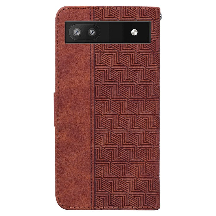 For Google Pixel 6a Geometry Imprinted Wallet Phone Case Folding Stand PU Leather Flip Cover with Strap - Brown