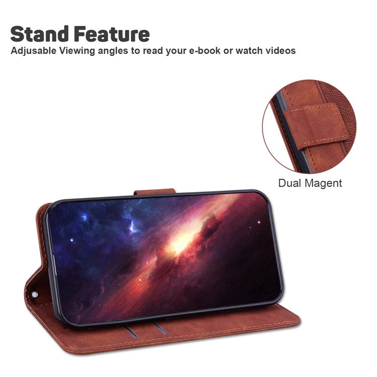 For Google Pixel 6a Geometry Imprinted Wallet Phone Case Folding Stand PU Leather Flip Cover with Strap - Brown