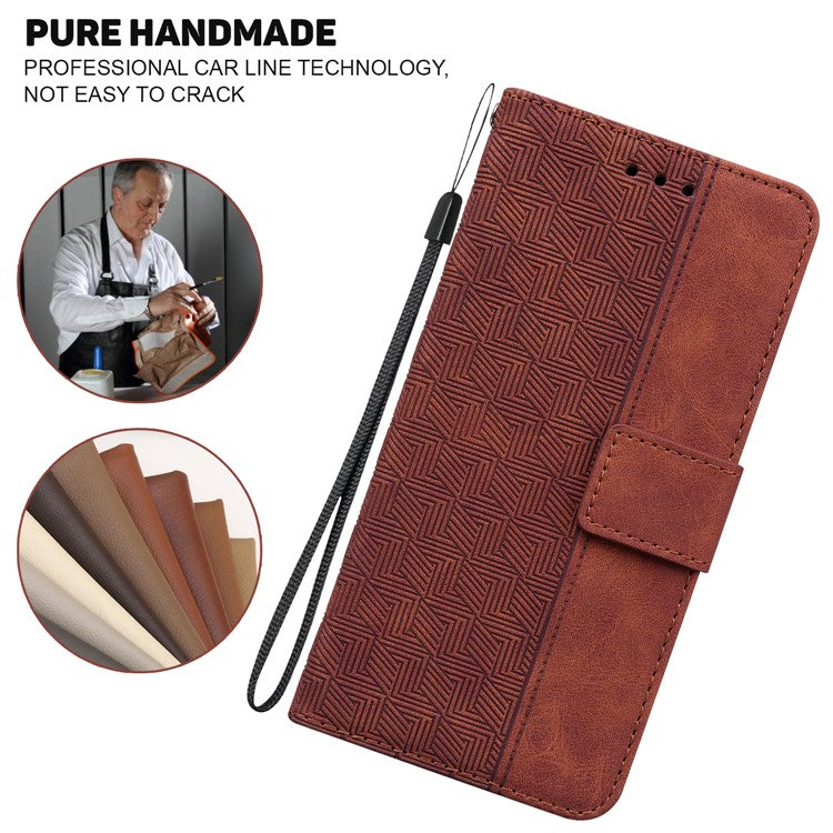 For Google Pixel 6a Geometry Imprinted Wallet Phone Case Folding Stand PU Leather Flip Cover with Strap - Brown