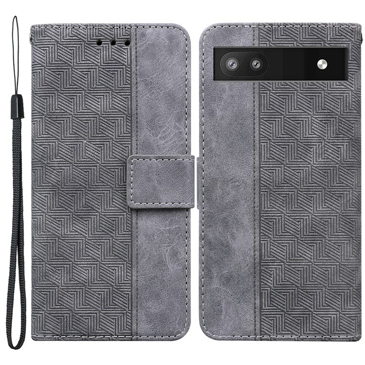 For Google Pixel 6a Geometry Imprinted Wallet Phone Case Folding Stand PU Leather Flip Cover with Strap - Grey