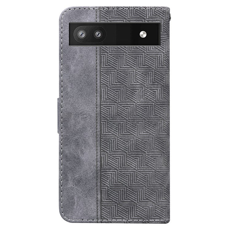 For Google Pixel 6a Geometry Imprinted Wallet Phone Case Folding Stand PU Leather Flip Cover with Strap - Grey