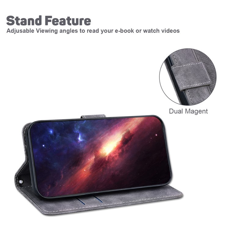 For Google Pixel 6a Geometry Imprinted Wallet Phone Case Folding Stand PU Leather Flip Cover with Strap - Grey