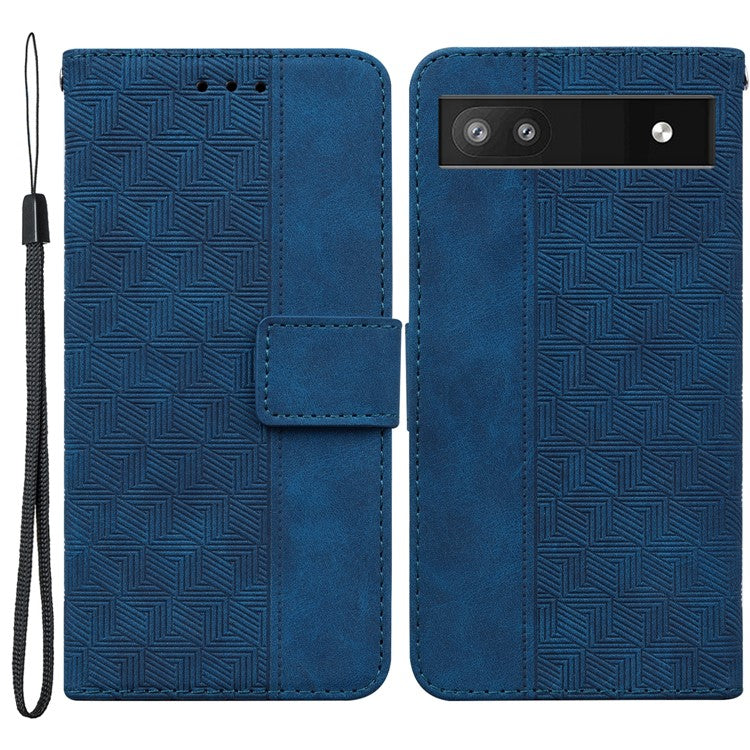 For Google Pixel 6a Geometry Imprinted Wallet Phone Case Folding Stand PU Leather Flip Cover with Strap - Blue