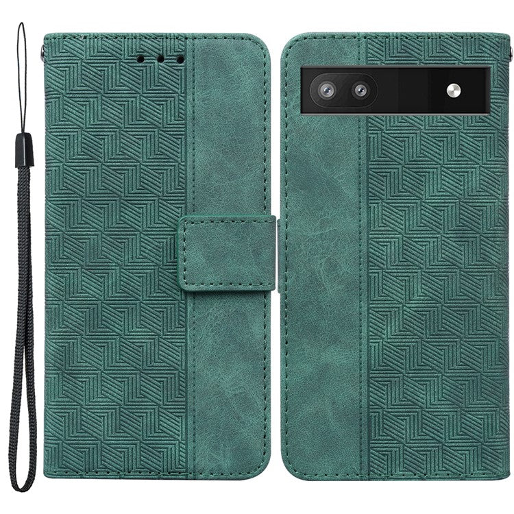 For Google Pixel 6a Geometry Imprinted Wallet Phone Case Folding Stand PU Leather Flip Cover with Strap - Green