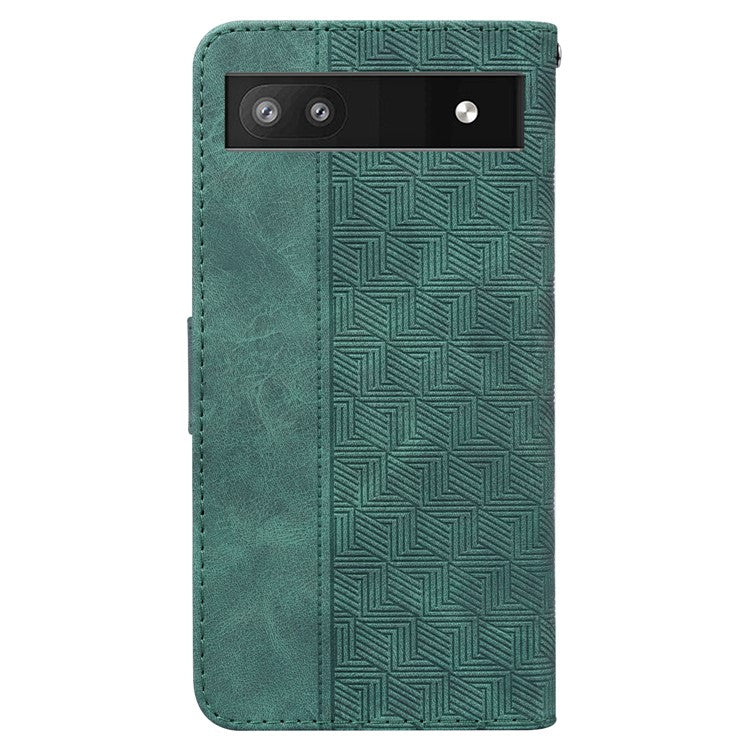 For Google Pixel 6a Geometry Imprinted Wallet Phone Case Folding Stand PU Leather Flip Cover with Strap - Green