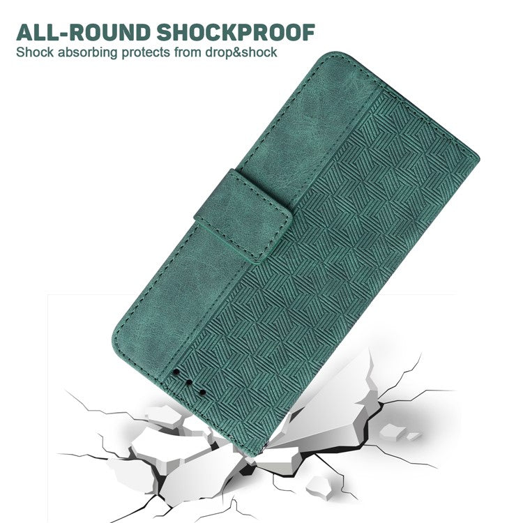 For Google Pixel 6a Geometry Imprinted Wallet Phone Case Folding Stand PU Leather Flip Cover with Strap - Green