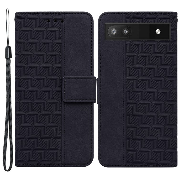 For Google Pixel 6a Geometry Imprinted Wallet Phone Case Folding Stand PU Leather Flip Cover with Strap - Black