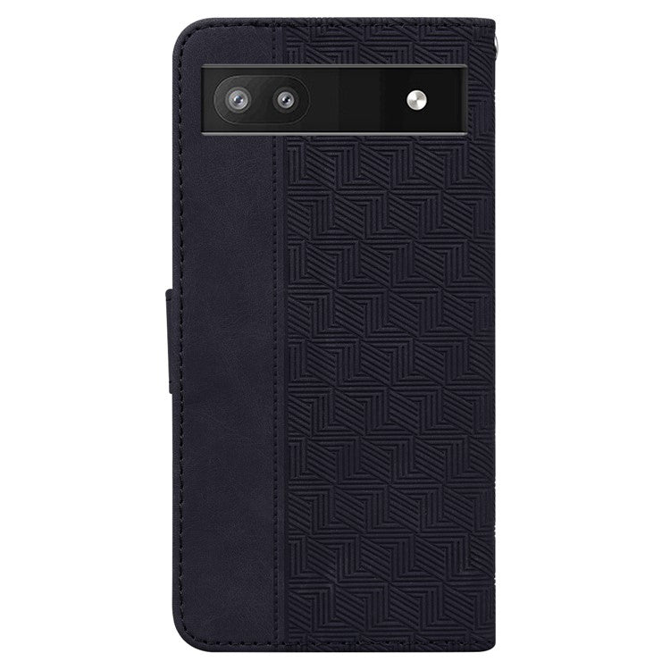 For Google Pixel 6a Geometry Imprinted Wallet Phone Case Folding Stand PU Leather Flip Cover with Strap - Black