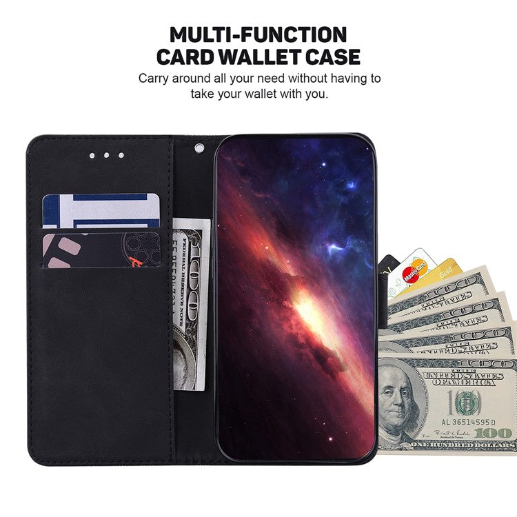 For Google Pixel 6a Geometry Imprinted Wallet Phone Case Folding Stand PU Leather Flip Cover with Strap - Black