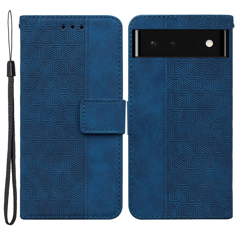 For Google Pixel 6 Imprinted Geometry Pattern Folding Stand PU Leather Case Magnetic Wallet Design Folio Inner TPU Protective Flip Cover with Strap - Blue