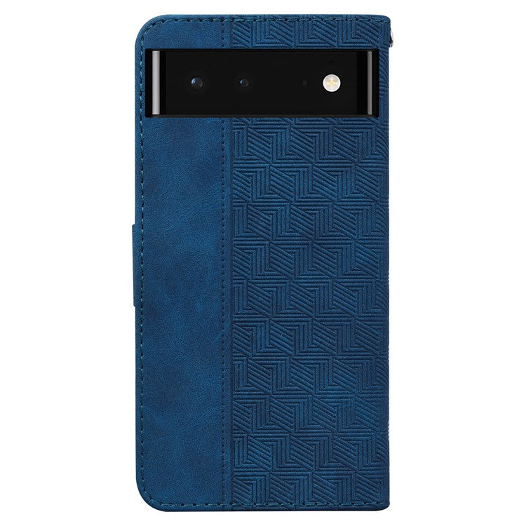 For Google Pixel 6 Imprinted Geometry Pattern Folding Stand PU Leather Case Magnetic Wallet Design Folio Inner TPU Protective Flip Cover with Strap - Blue