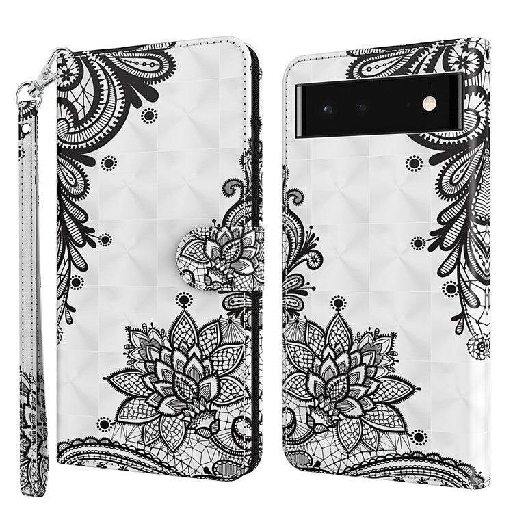 For Google Pixel 7 Pro 5G 3D Creative Pattern Printing PU Leather Case Stand Wallet Soft TPU Book Cover with Strap - Lace Flower