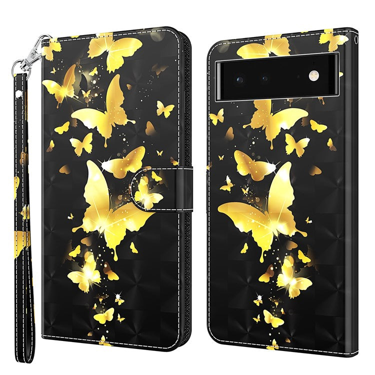 For Google Pixel 7 PU Leather 3D Creative Pattern Printing Phone Cover Wallet Stand Shockproof TPU Full Body Protective Case with Wrist Strap - Golden Butterflies