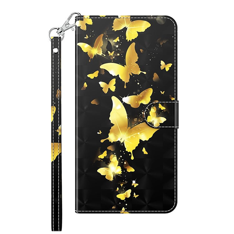 For Google Pixel 7 PU Leather 3D Creative Pattern Printing Phone Cover Wallet Stand Shockproof TPU Full Body Protective Case with Wrist Strap - Golden Butterflies