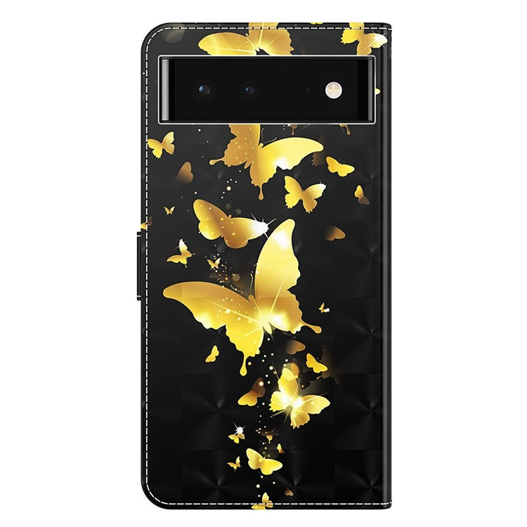 For Google Pixel 7 PU Leather 3D Creative Pattern Printing Phone Cover Wallet Stand Shockproof TPU Full Body Protective Case with Wrist Strap - Golden Butterflies