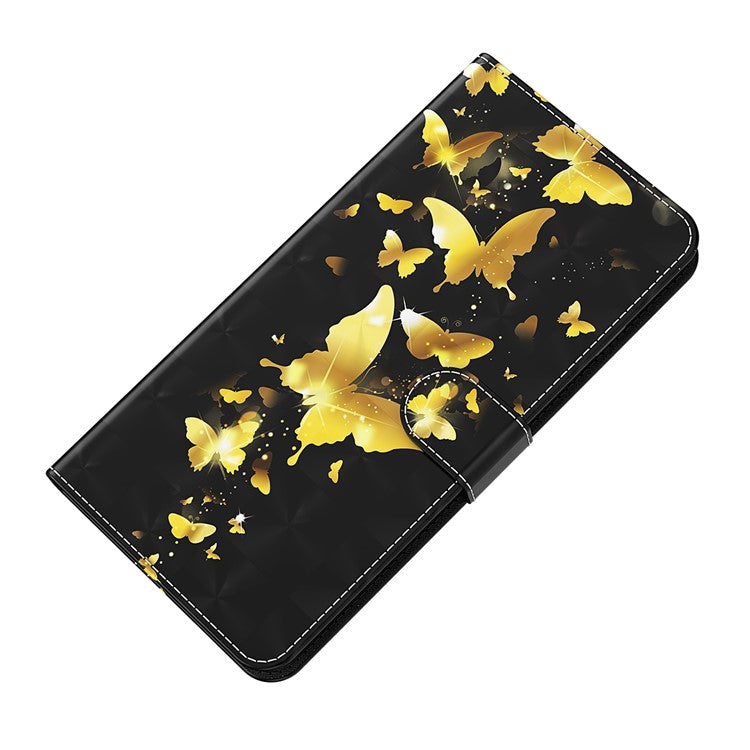 For Google Pixel 7 PU Leather 3D Creative Pattern Printing Phone Cover Wallet Stand Shockproof TPU Full Body Protective Case with Wrist Strap - Golden Butterflies