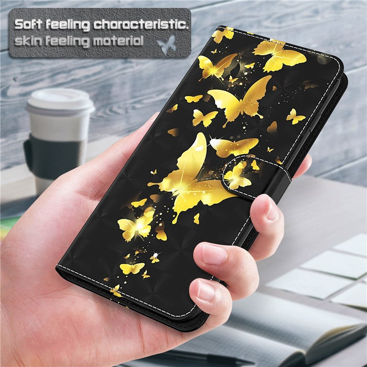 For Google Pixel 7 PU Leather 3D Creative Pattern Printing Phone Cover Wallet Stand Shockproof TPU Full Body Protective Case with Wrist Strap - Golden Butterflies