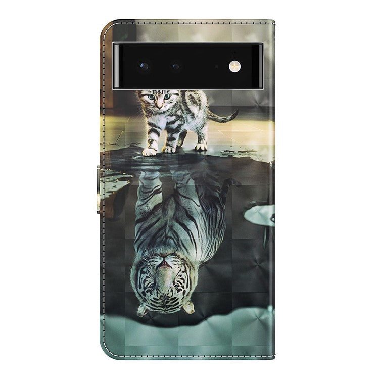 For Google Pixel 7 PU Leather 3D Creative Pattern Printing Phone Cover Wallet Stand Shockproof TPU Full Body Protective Case with Wrist Strap - Cat and Tiger