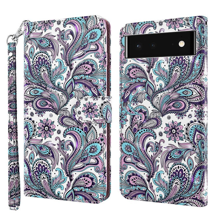 For Google Pixel 7 PU Leather 3D Creative Pattern Printing Phone Cover Wallet Stand Shockproof TPU Full Body Protective Case with Wrist Strap - Purple Impatiens