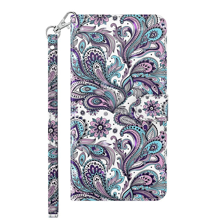 For Google Pixel 7 PU Leather 3D Creative Pattern Printing Phone Cover Wallet Stand Shockproof TPU Full Body Protective Case with Wrist Strap - Purple Impatiens