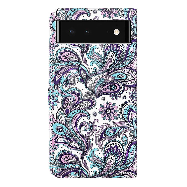 For Google Pixel 7 PU Leather 3D Creative Pattern Printing Phone Cover Wallet Stand Shockproof TPU Full Body Protective Case with Wrist Strap - Purple Impatiens