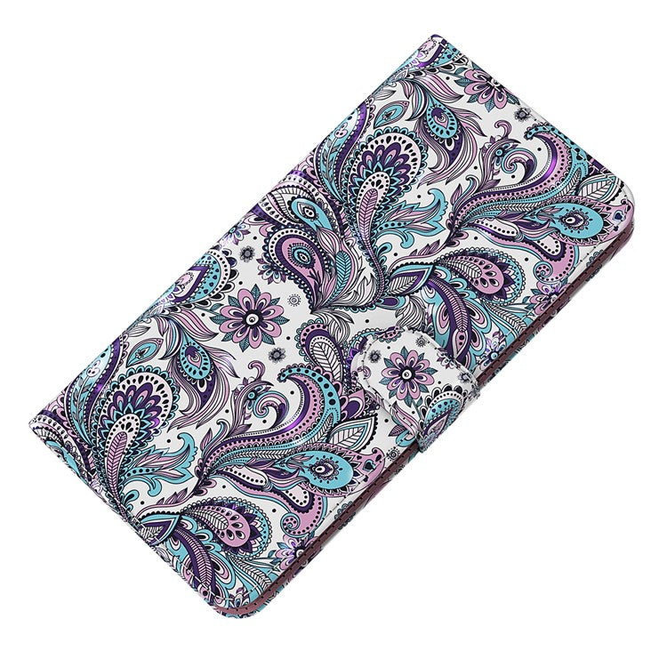 For Google Pixel 7 PU Leather 3D Creative Pattern Printing Phone Cover Wallet Stand Shockproof TPU Full Body Protective Case with Wrist Strap - Purple Impatiens