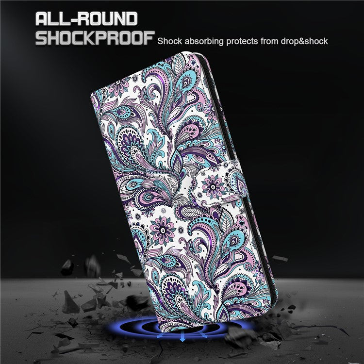 For Google Pixel 7 PU Leather 3D Creative Pattern Printing Phone Cover Wallet Stand Shockproof TPU Full Body Protective Case with Wrist Strap - Purple Impatiens