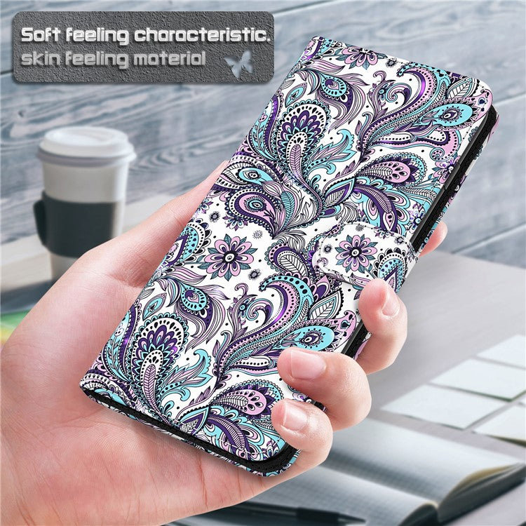 For Google Pixel 7 PU Leather 3D Creative Pattern Printing Phone Cover Wallet Stand Shockproof TPU Full Body Protective Case with Wrist Strap - Purple Impatiens