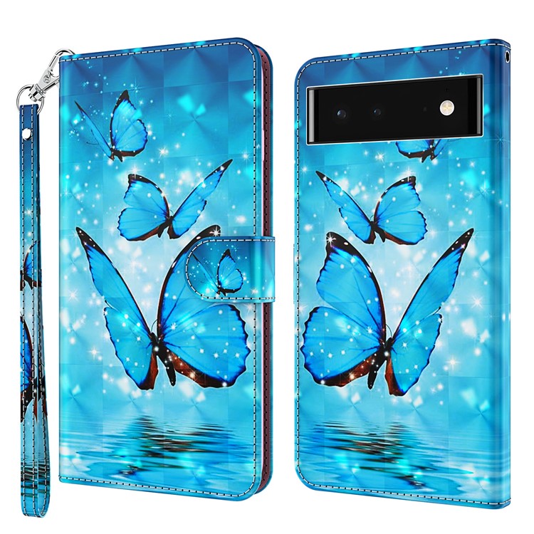 For Google Pixel 7 PU Leather 3D Creative Pattern Printing Phone Cover Wallet Stand Shockproof TPU Full Body Protective Case with Wrist Strap - Blue Butterflies