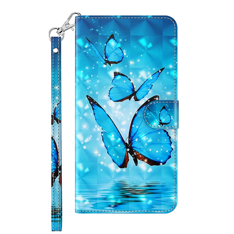 For Google Pixel 7 PU Leather 3D Creative Pattern Printing Phone Cover Wallet Stand Shockproof TPU Full Body Protective Case with Wrist Strap - Blue Butterflies