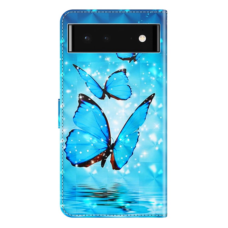 For Google Pixel 7 PU Leather 3D Creative Pattern Printing Phone Cover Wallet Stand Shockproof TPU Full Body Protective Case with Wrist Strap - Blue Butterflies