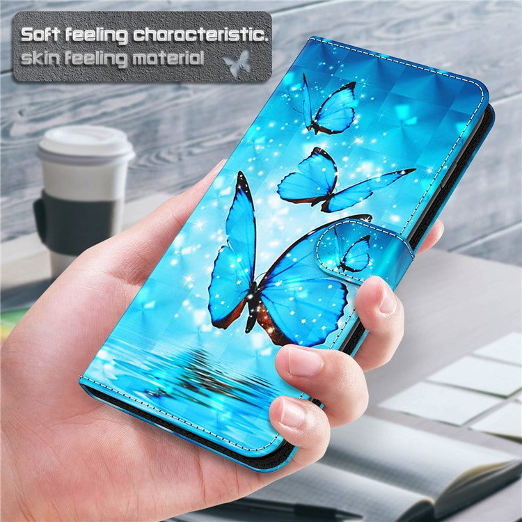 For Google Pixel 7 PU Leather 3D Creative Pattern Printing Phone Cover Wallet Stand Shockproof TPU Full Body Protective Case with Wrist Strap - Blue Butterflies