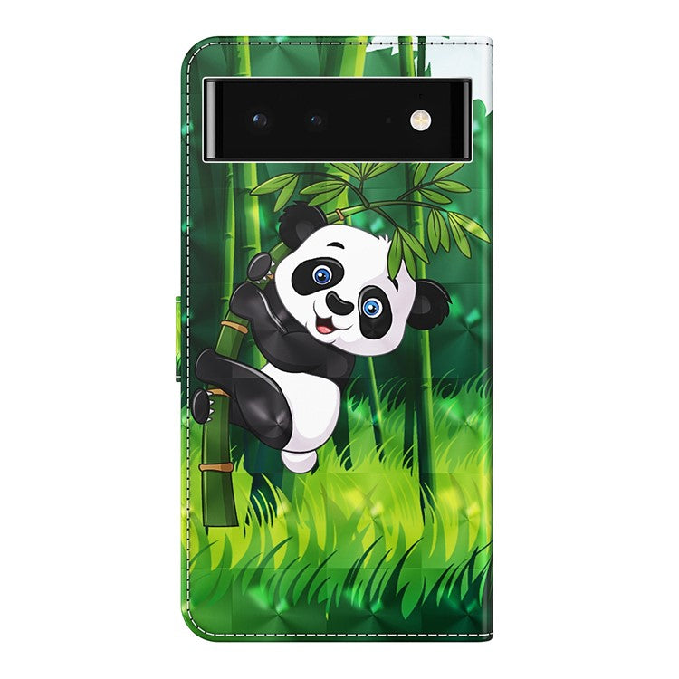 For Google Pixel 7 PU Leather 3D Creative Pattern Printing Phone Cover Wallet Stand Shockproof TPU Full Body Protective Case with Wrist Strap - Panda Climbing