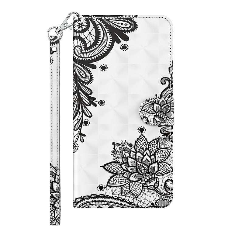 For Google Pixel 7 PU Leather 3D Creative Pattern Printing Phone Cover Wallet Stand Shockproof TPU Full Body Protective Case with Wrist Strap - Lace Flower