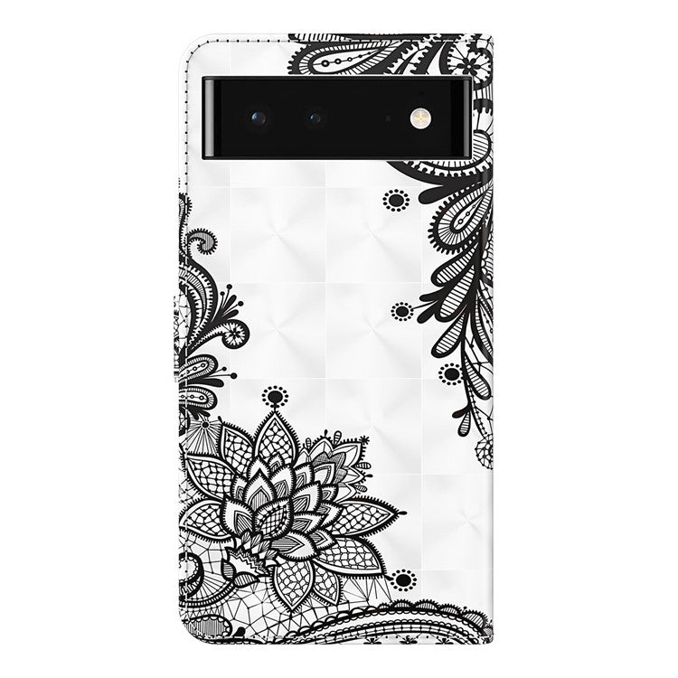 For Google Pixel 7 PU Leather 3D Creative Pattern Printing Phone Cover Wallet Stand Shockproof TPU Full Body Protective Case with Wrist Strap - Lace Flower