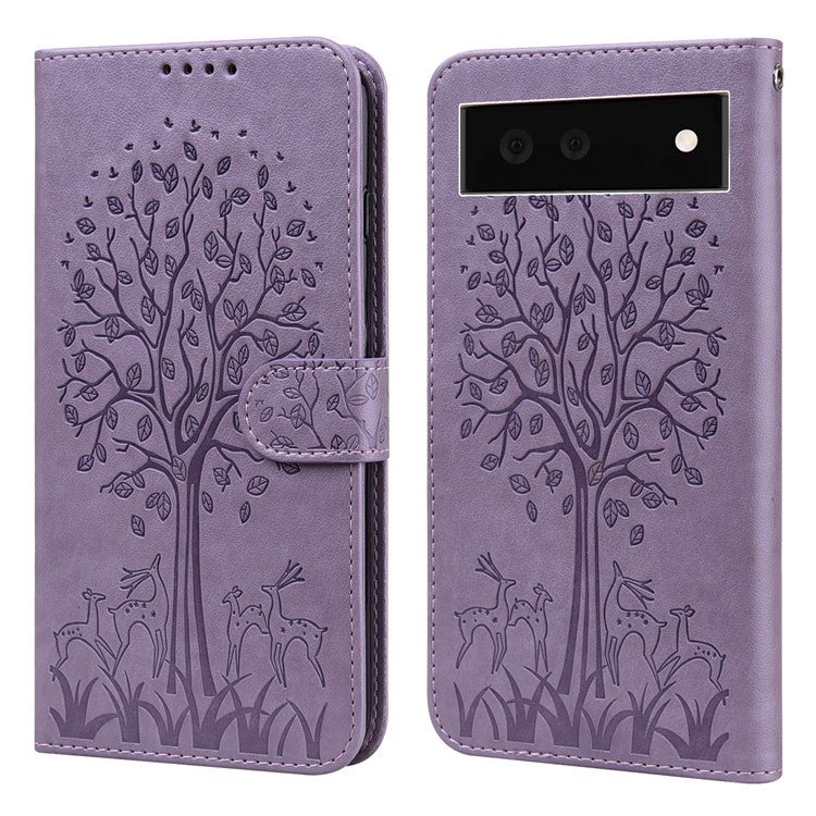 For Google Pixel 7 Anti-scratch Phone Case Imprinted Deer Tree Pattern Wallet PU Leather Magnetic Closure Stand Protective Cover - Purple