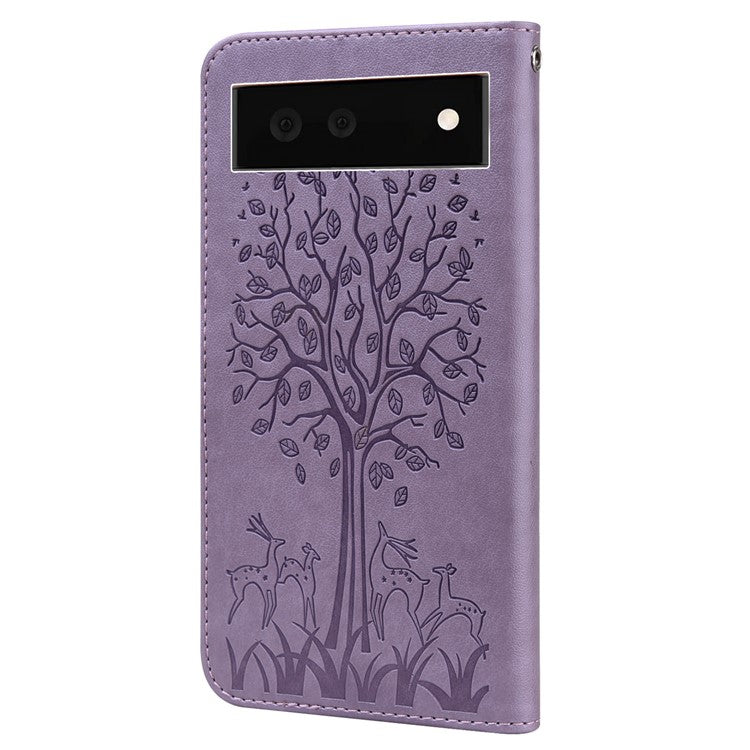 For Google Pixel 7 Anti-scratch Phone Case Imprinted Deer Tree Pattern Wallet PU Leather Magnetic Closure Stand Protective Cover - Purple