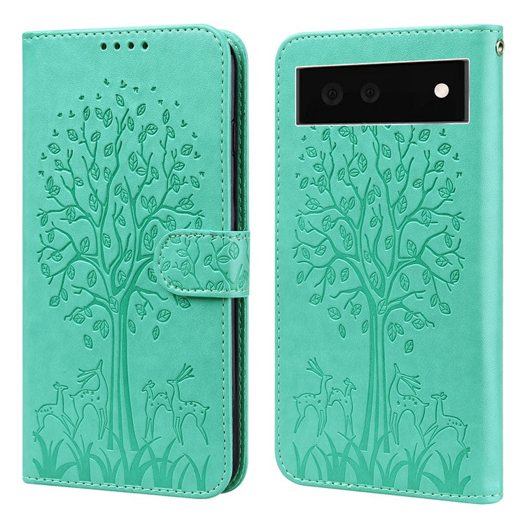 For Google Pixel 7 Anti-scratch Phone Case Imprinted Deer Tree Pattern Wallet PU Leather Magnetic Closure Stand Protective Cover - Green