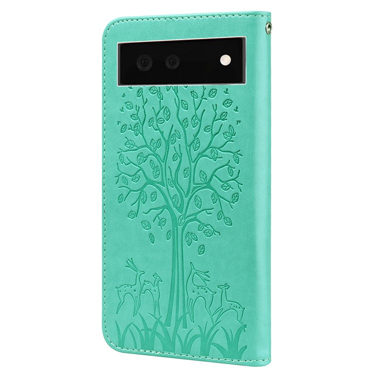 For Google Pixel 7 Anti-scratch Phone Case Imprinted Deer Tree Pattern Wallet PU Leather Magnetic Closure Stand Protective Cover - Green