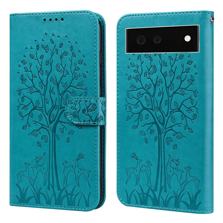 For Google Pixel 7 Anti-scratch Phone Case Imprinted Deer Tree Pattern Wallet PU Leather Magnetic Closure Stand Protective Cover - Blue