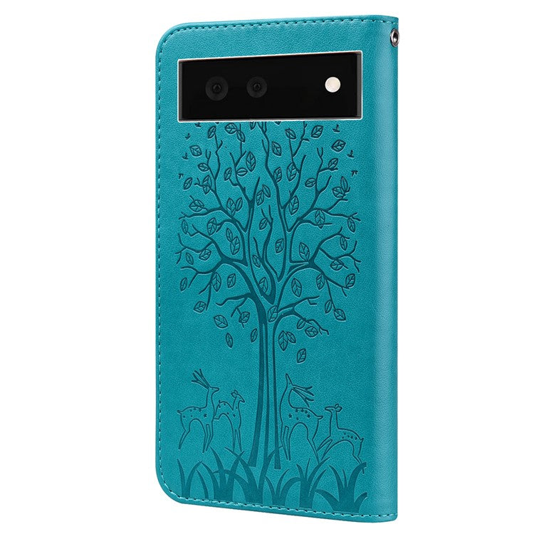 For Google Pixel 7 Anti-scratch Phone Case Imprinted Deer Tree Pattern Wallet PU Leather Magnetic Closure Stand Protective Cover - Blue