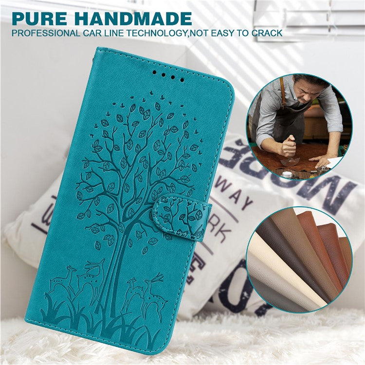 For Google Pixel 7 Anti-scratch Phone Case Imprinted Deer Tree Pattern Wallet PU Leather Magnetic Closure Stand Protective Cover - Blue